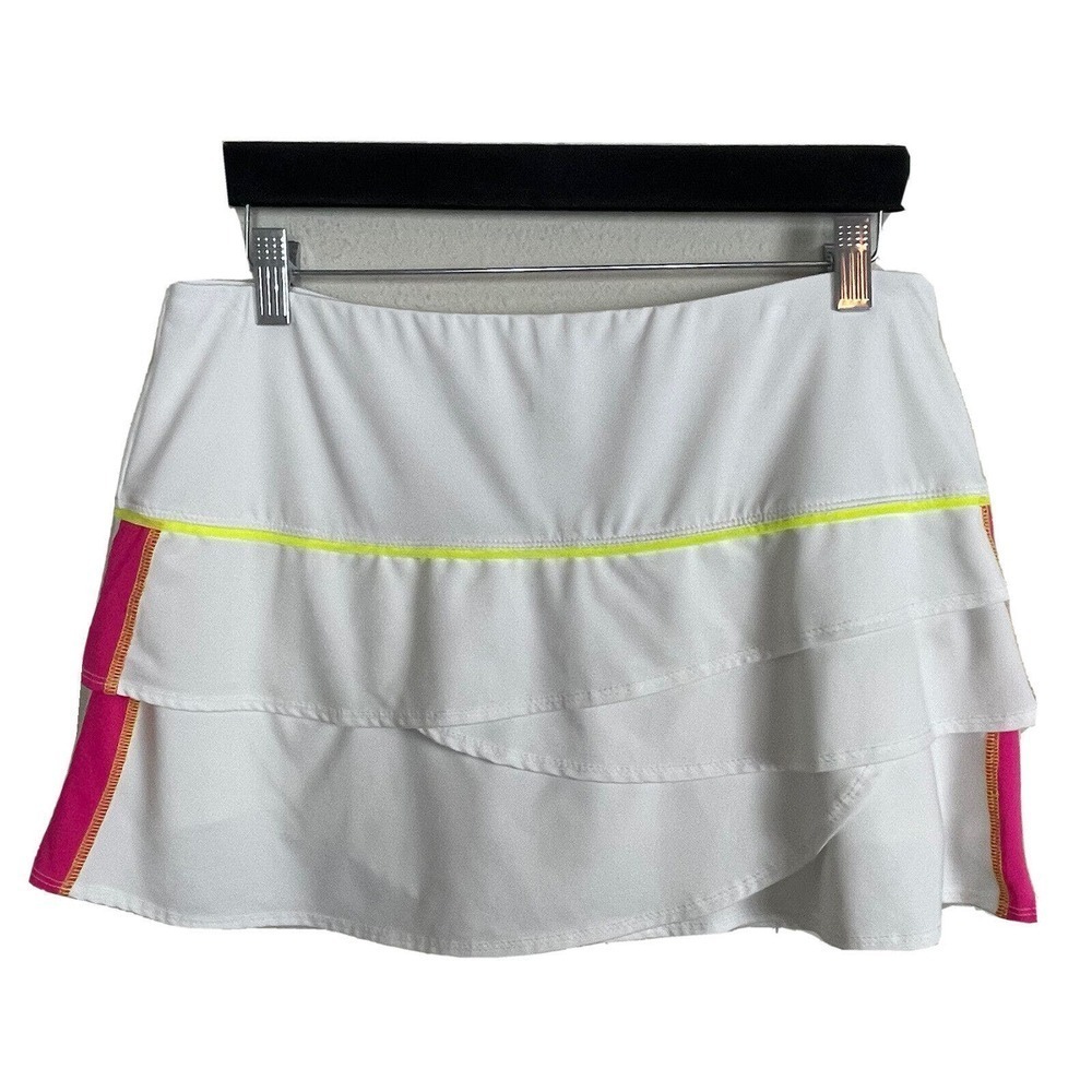 Lucky in Love Tennis Skort Womens L White Pink Neon Tiered Ruffle Athletic Skirt